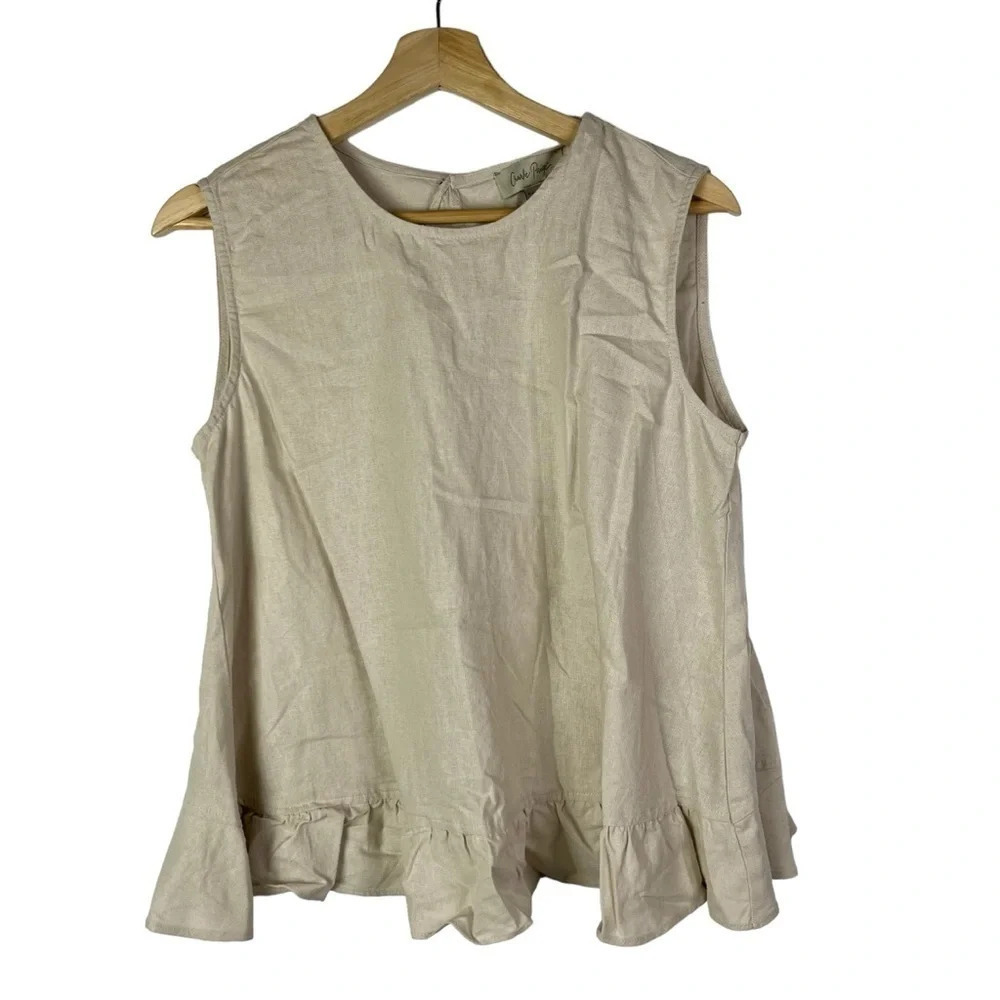 Charlie Paige Light Brown Linen Ruffle Hem Open Back Tank Top S